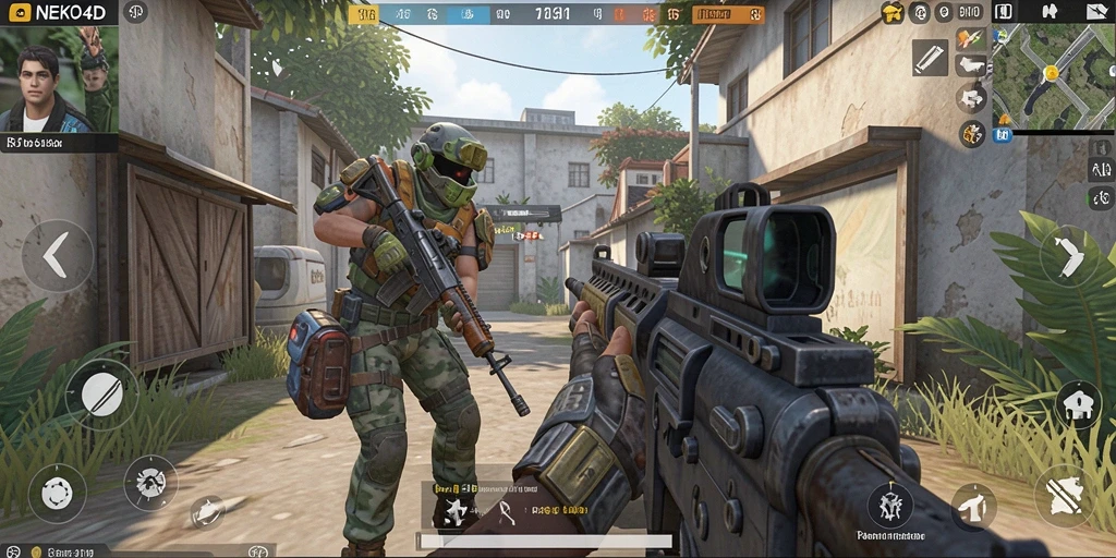 Tangkapan layar gameplay <strong>NEKO4D</strong> menampilkan aksi tembak-menembak yang intens.