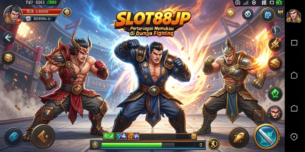 Screenshot dari gameplay SLOT88JP yang menegangkan dengan karakter bertarung.